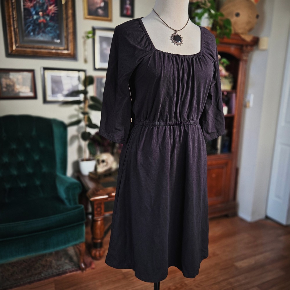 Pact Black Organic Cotton Midi Dress Womens Small Square Neck Pocket Fit Flare
